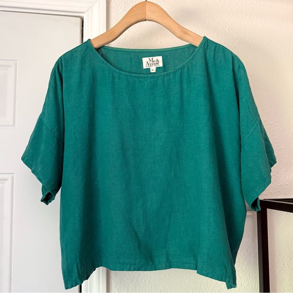 Me & Arrow Tops - ME & ARROW teal green linen cotton boat neck boxy cropped short sleeve shirt top